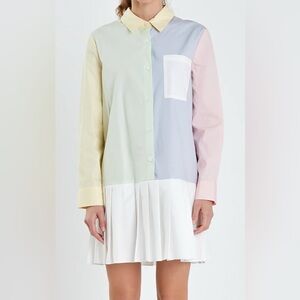 English Factory Colorblock Shirt Pleated Skirt Cotton Mini Dress Size XL